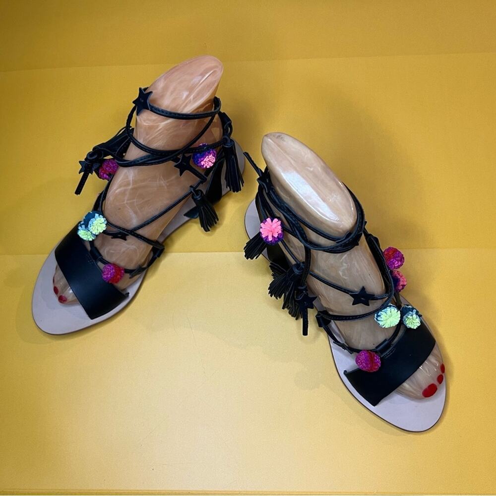 Loeffler Randall Sandal Size 7 Suze Flat Black Leather Colorful PomPom & Tassels